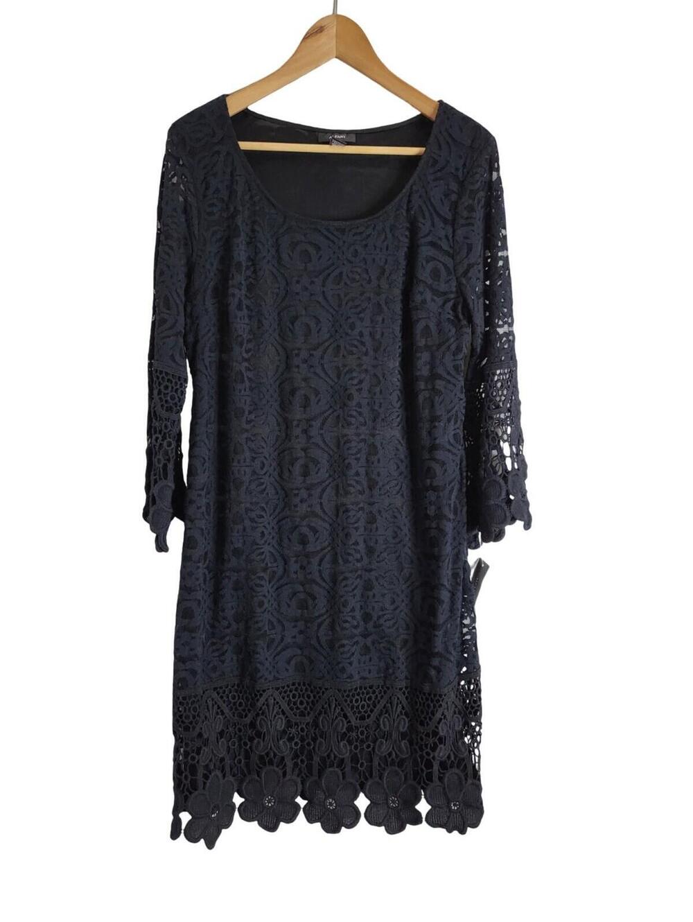 Alfani Black Lace Dress Floral Crochet Hem 3/4 Bell Sleeves Size L NWT